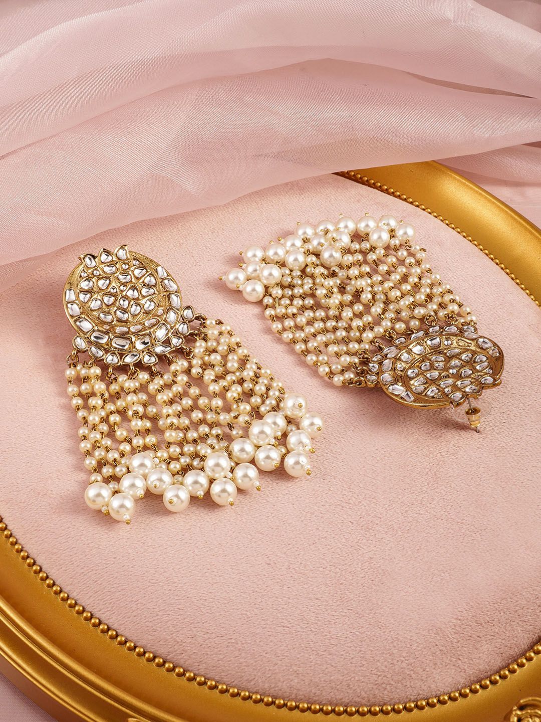 Dhiyona RJ Women's 18K Mehandi Gold-Plated Kundan Studded & Pearl Beaded Multilayer Chandlier Earrings