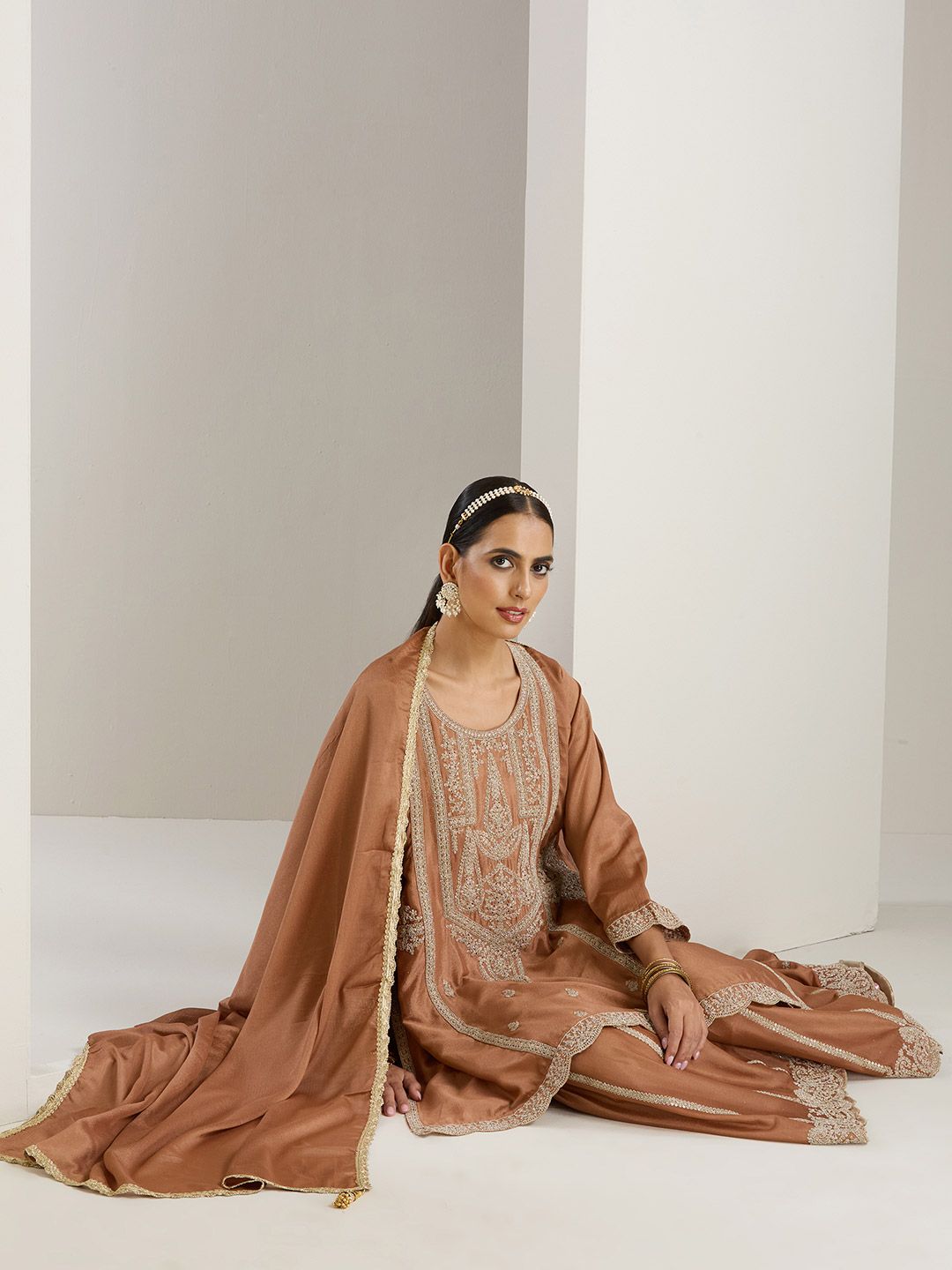 Dhiyona IS Women's Ethnic Motifs Embroidered Regular Thread Work Straight Kurta with Sharara & Dupatta