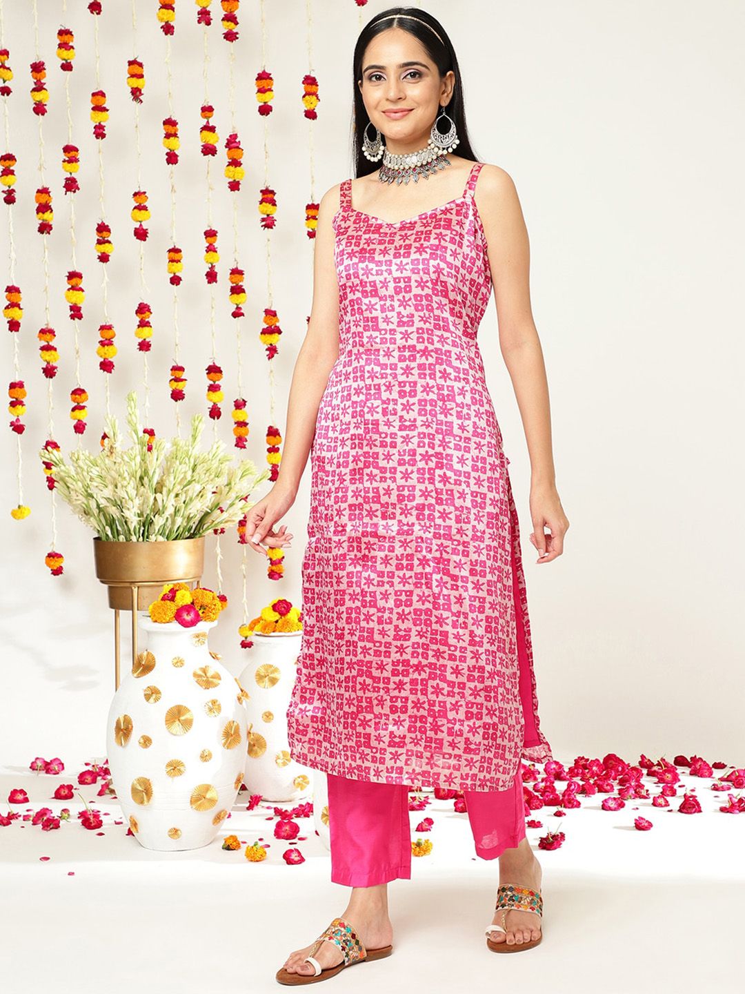 Dhiyona VA Women's Batik Abstract Print Shoulder Straps Straight Kurta With Trousers & Dupatta