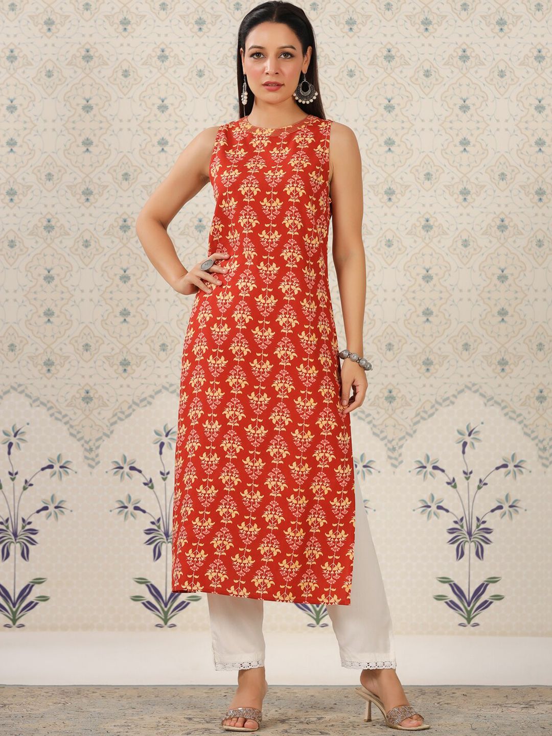 Dhiyona OD Ethnic Motifs Printed Sleeveless Straight Kurta