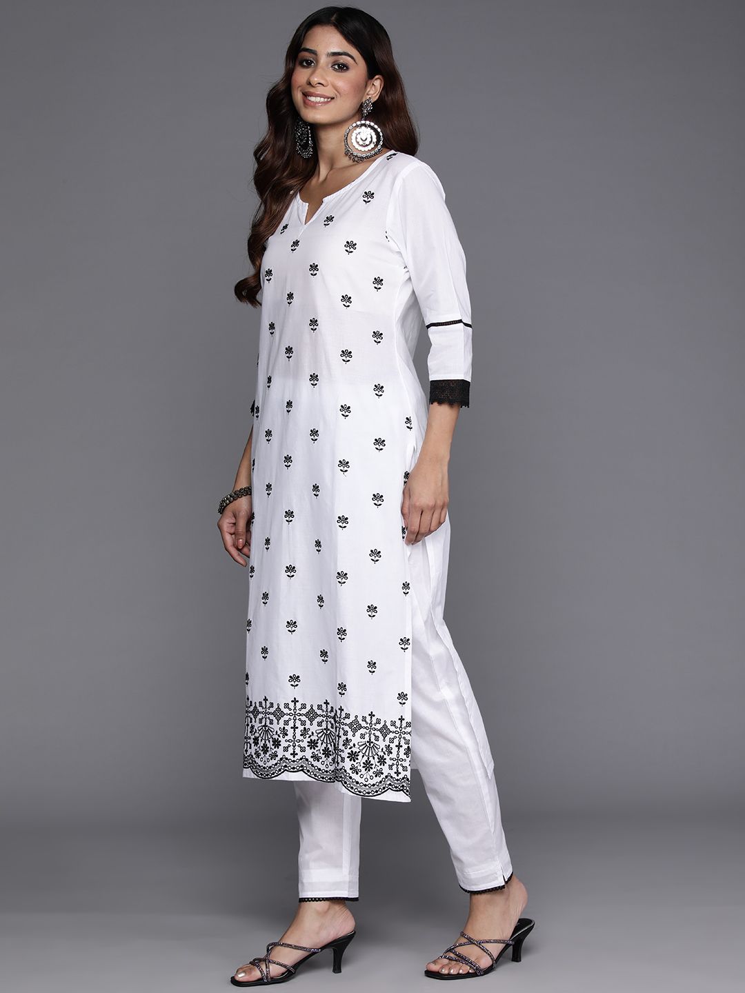 Dhiyona VA Women'sFloral Embroidered Thread Work Pure Cotton Kurta with Trousers & Dupatta