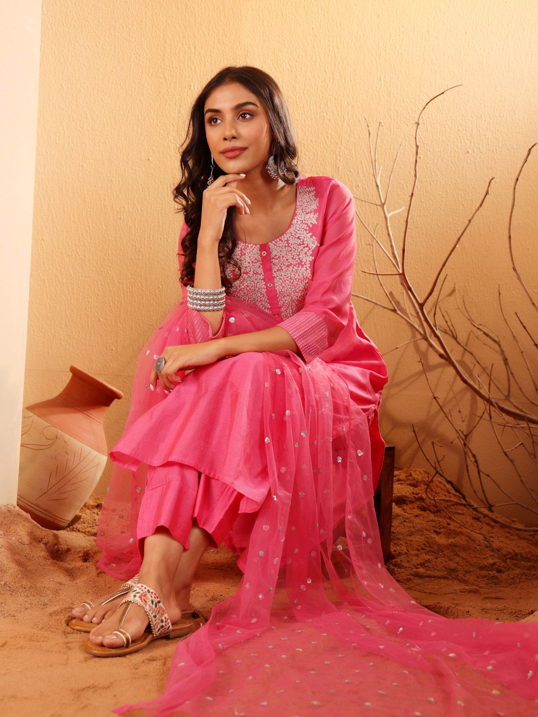 Dhiyona VA Women'sEthnic Motifs Embroidered Sequinned Chanderi Silk Kurta with Trousers And Dupatta