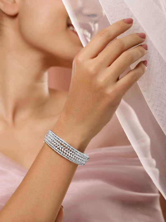 Dhiyona RJ Women's Rhodium-Plated White Cubic Zirconia Studded Openable Bracelet with Classic Design