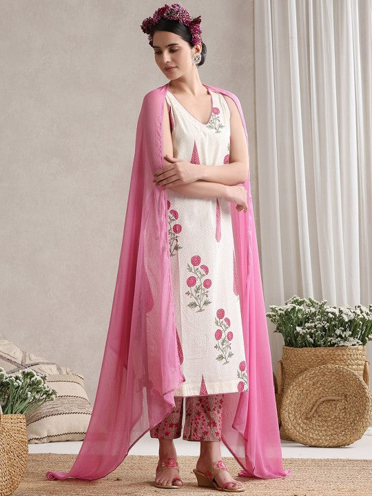 Women's Women Floral Printed Regular Pure Cotton Kurta with Palazzos & With Dupatta