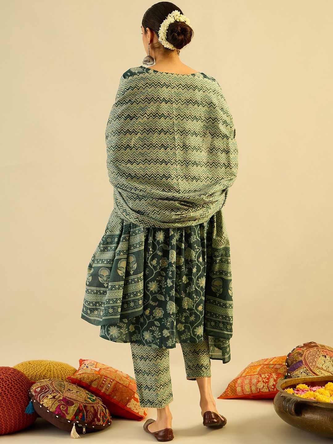 Dhiyona IE Green Floral Printed V-Neck Pure Cotton A-Line Kurta with Trousers & Dupatta