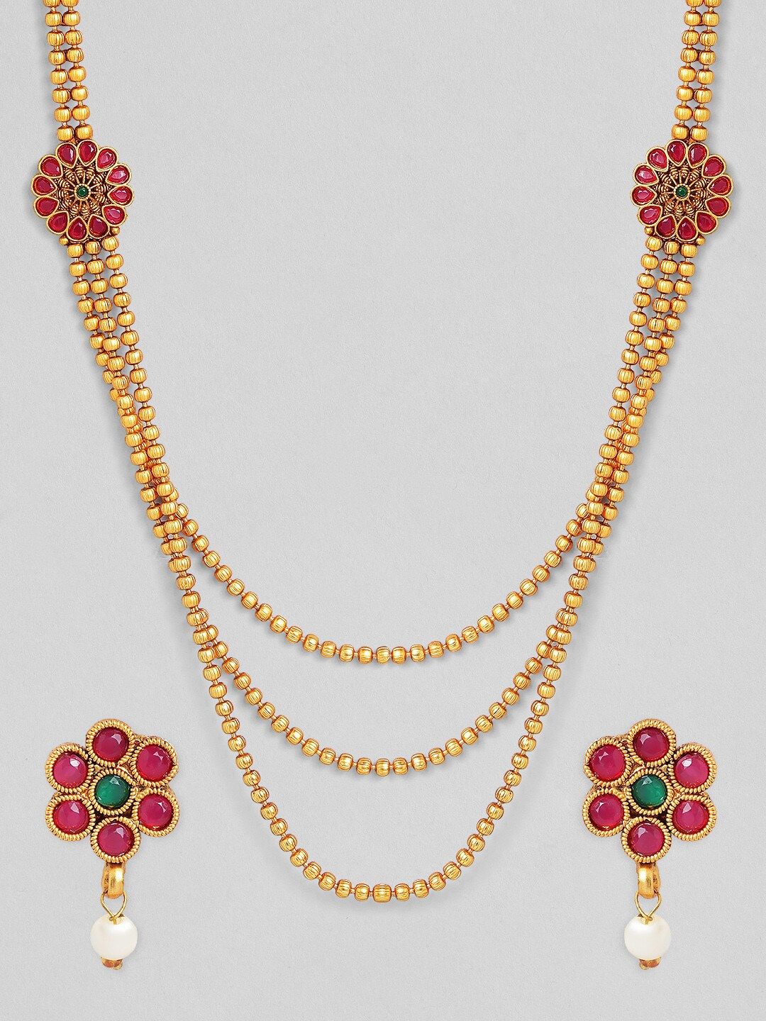 Dhiyona RJ Women's Gold-Plated & Ruby Stone Studded Handcrafted Layered Jewellery Set