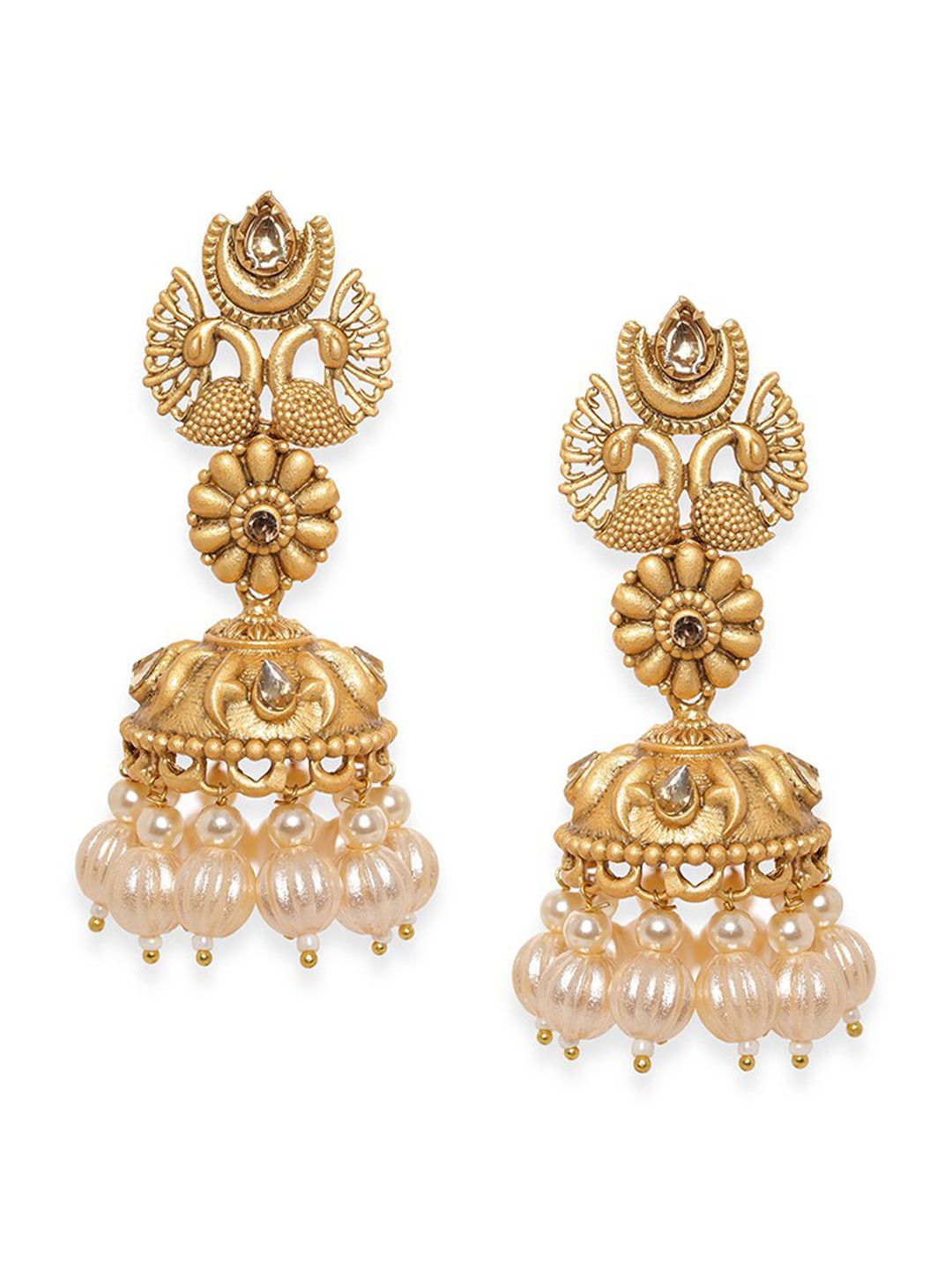 Dhiyona RJ Women's Gold-Plated Pearls Peacock Shaped Jhumkas Earrings