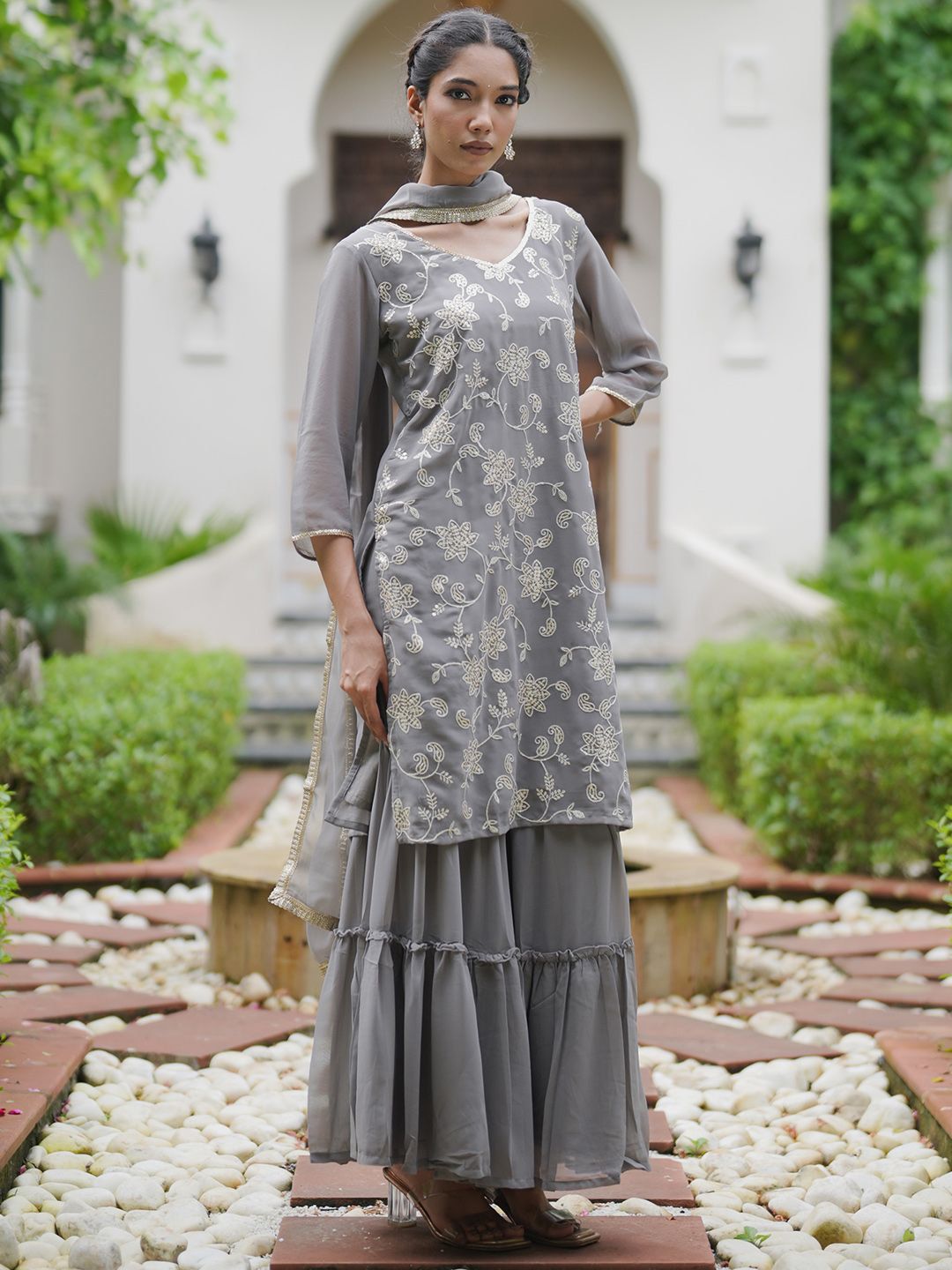 Dhiyona IE Floral Embroidered Kurta With Sharara & Dupatta