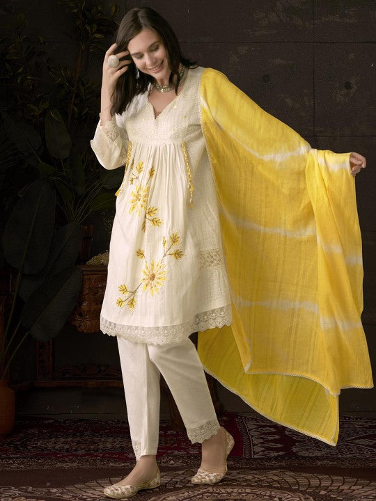 Women's Embroidered Pleated Chikankari Pure Cotton A-Line Kurta With Trousers & Dupatta