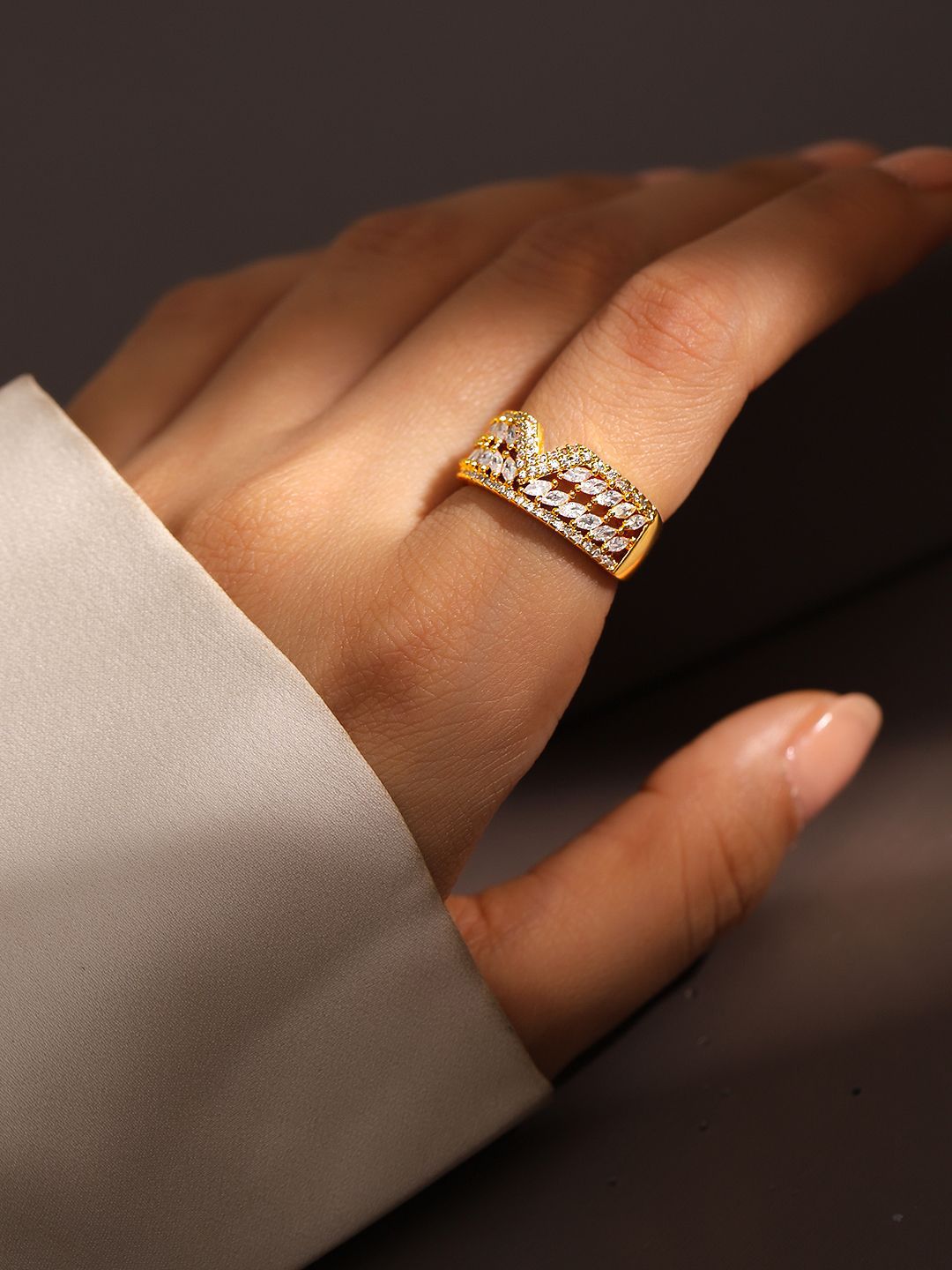 Dhiyona RJ Women's 18K Gold Plated Cubic Zirconia Studded V Cut Crown Design Adjustable Ring