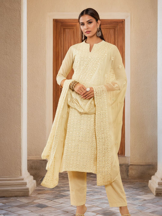 Dhiyona SO Women's Beige Floral Embroidered Chanderi Silk Straight Kurta With Trousers & Dupatta