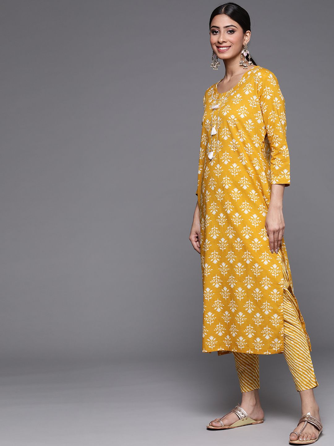 Dhiyona VA Women's Mustard Yellow Ethnic Motifs Printed Sequinned Pure Cotton Kurta with Trousers & With Dupatta