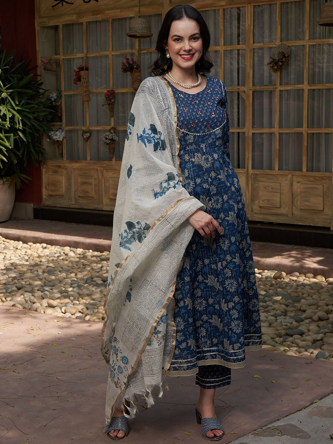 Dhiyona SN Women's Blue Printed Gotta Patti Pure Cotton Empire A-Line Kurta with Trousers & Dupatta