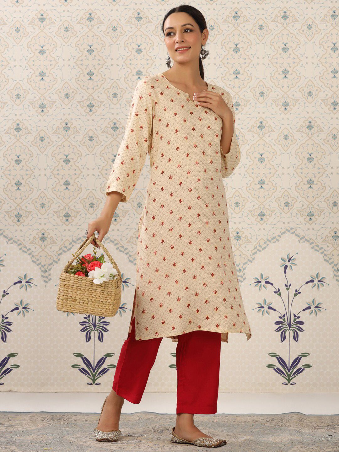 Dhiyona OD Cream-Coloured & Red Printed Notched Neck Kurta With Palazzos