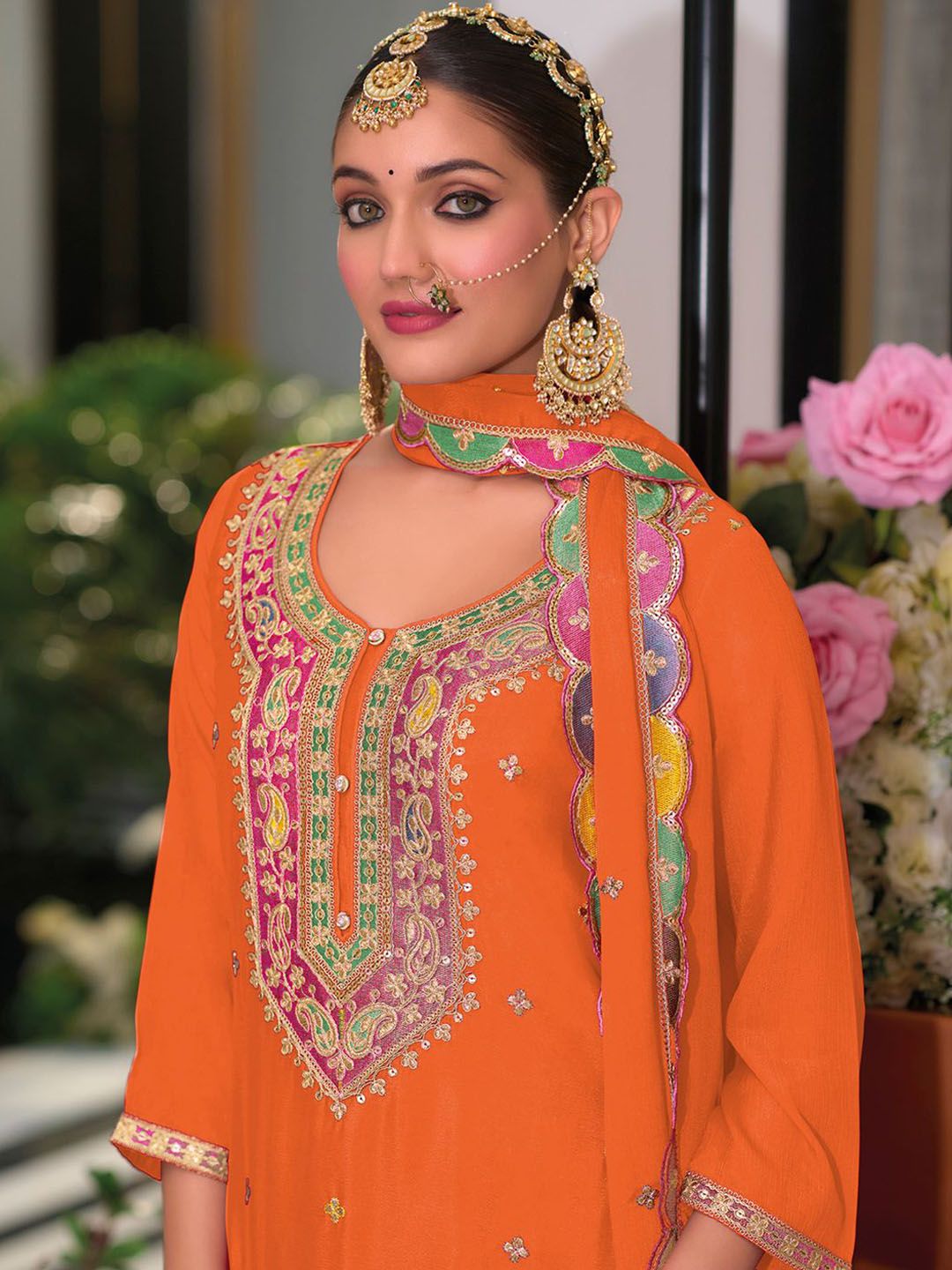 Dhiyona IE Floral Embroidered Sequinned Chinon Straight Kurta With Palazzos & Dupatta