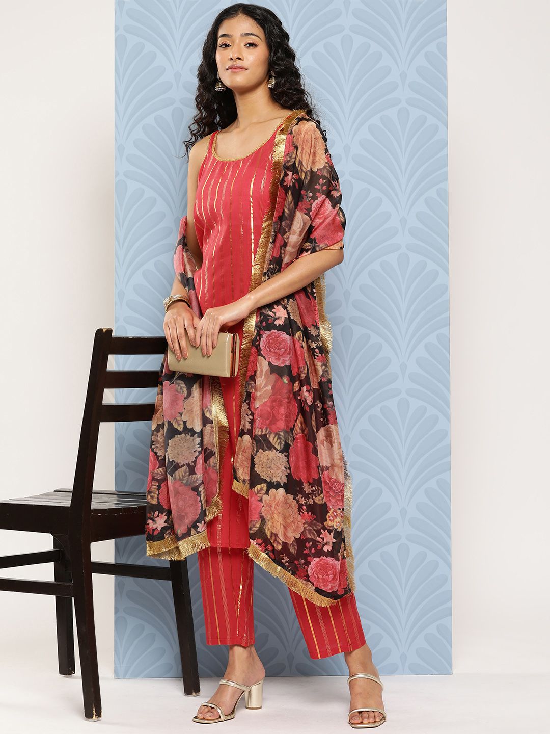 Dhiyona VA Women'sStriped Regular Pure Cotton Kurta with Trousers & With Dupatta