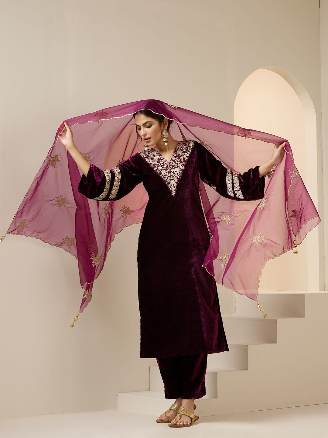 Dhiyona IS Women's Women Ethnic Motifs Embroidered Regular Beads and Stones Velvet Kurta with Trousers & With Dupatta