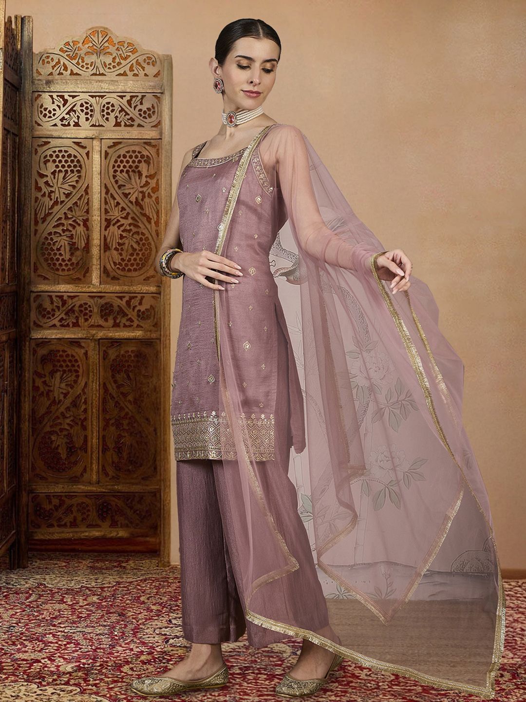 Dhiyona PD Women Embroidered Straight Kurta & Palazzos With Dupatta