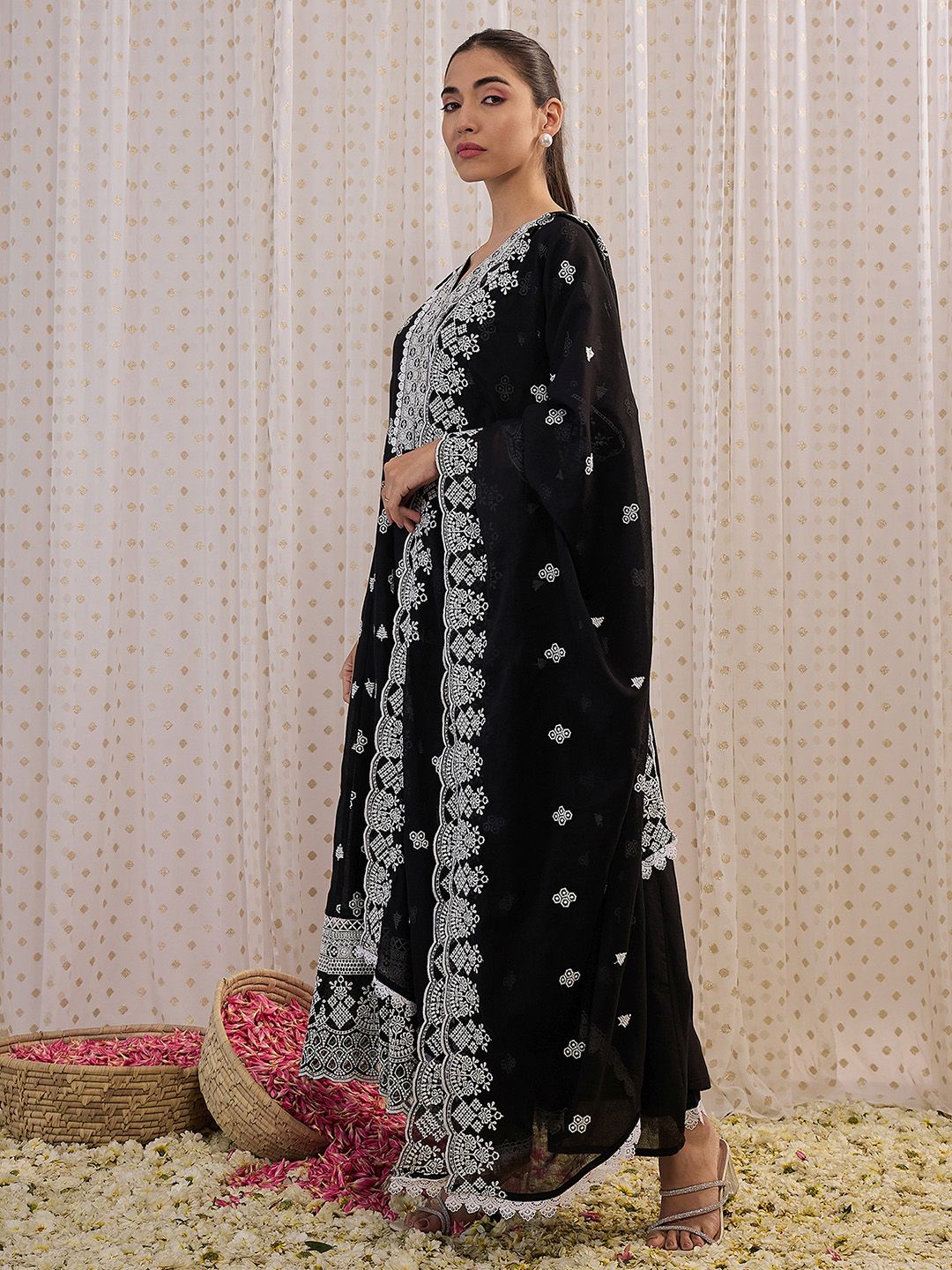 Dhiyona IE Ethnic Motifs Embroidered Pure Cotton Anarkali Kurta With Trouser And Dupatta