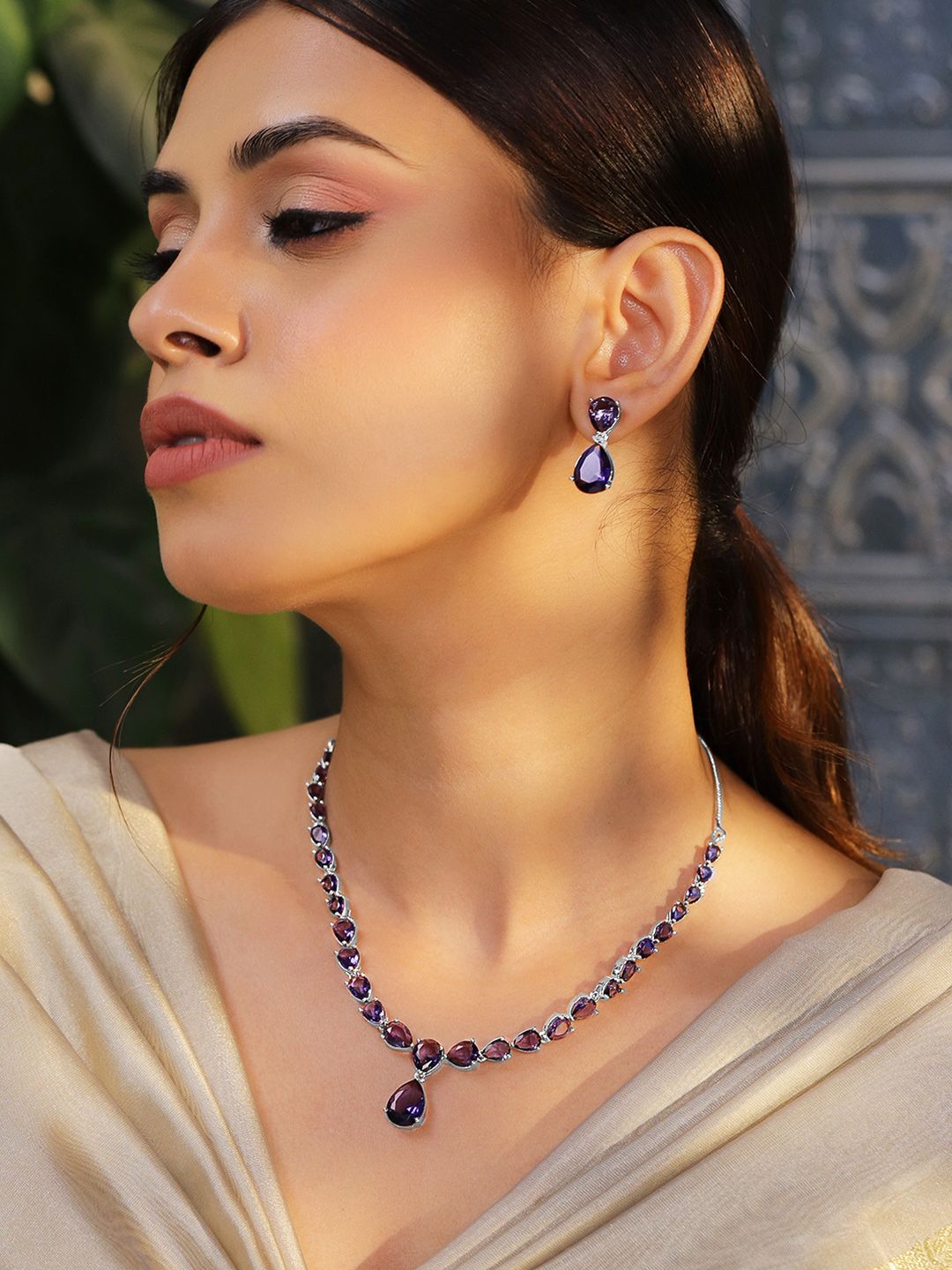 Dhiyona RJ Women's Rhodium-Plated Amethyst Purple AD & Cubic Zirconia Studded Necklace Set