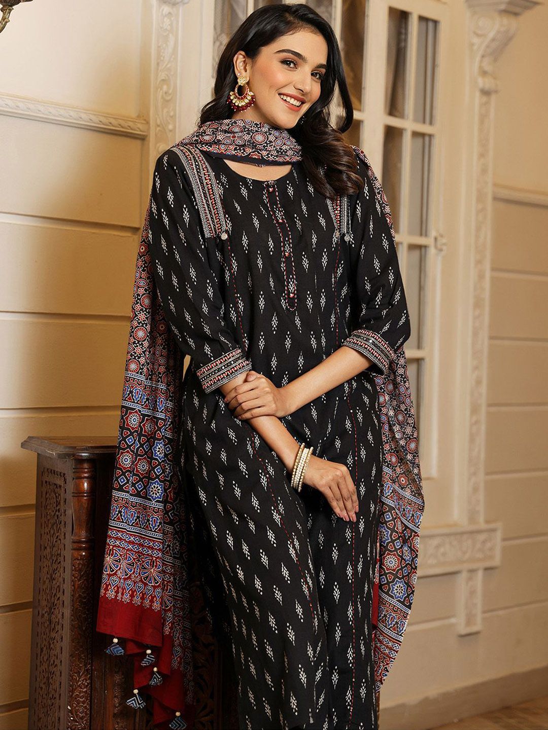Dhiyona IS Women's Ethnic Motifs Printed Pure Cotton Straight Kurta With Trouser & Dupatta