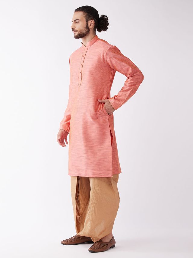 Men's Pink Silk Blend Straight Kurta and Dhoti Set