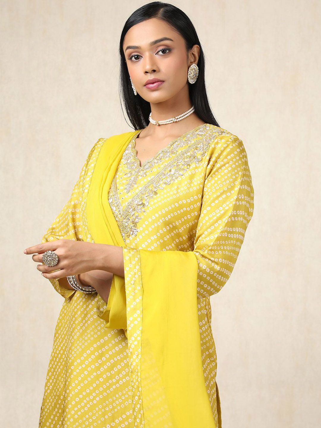 Dhiyona SO Women's Bandhani Printed Sequinned Straight Kurta With Palazzos & Dupatta