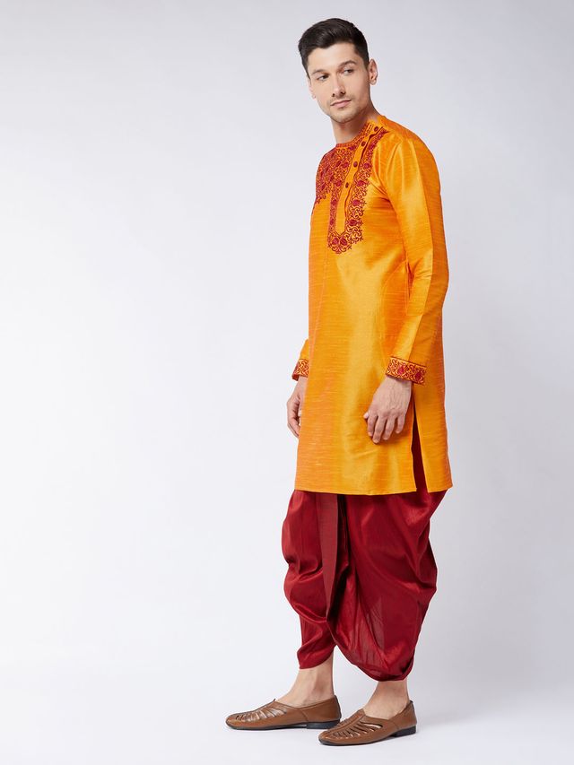 Men's Orange Silk Blend Angrakha Kurta and Dhoti Set