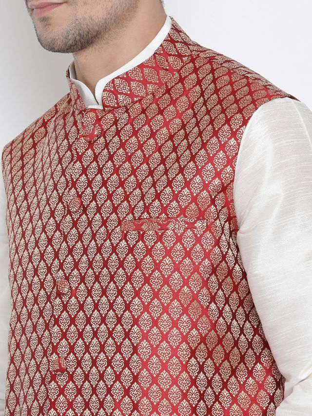 Men's Cream Silk Blend Straight Jacket Kurta and Pyjama Set