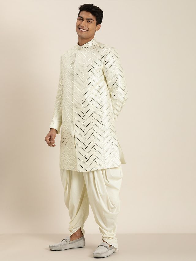 Men's Cream Silk Blend Straight Sherwani Set