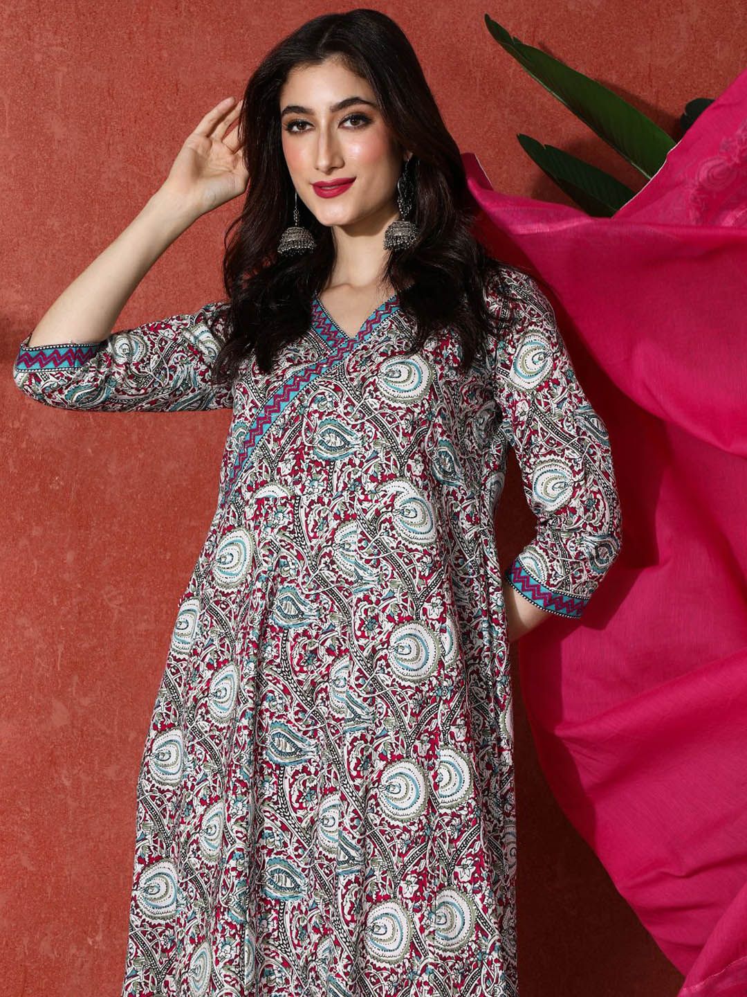 Dhiyona SN Women's Paisley Printed & Embroidered Pure Cotton A-Line Kurta & Trousers With Dupatta