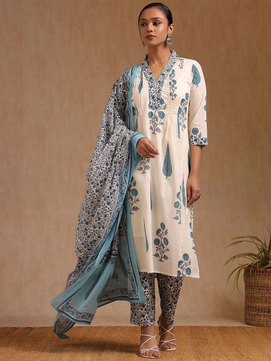 Dhiyona SO Women's Floral Printed V-Neck Straight Kurta With Trousers & Dupatta