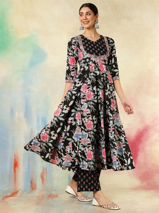 Women's Floral Printed V-Neck Anarkali Pure Cotton Kurta With Palazzos And Dupatta