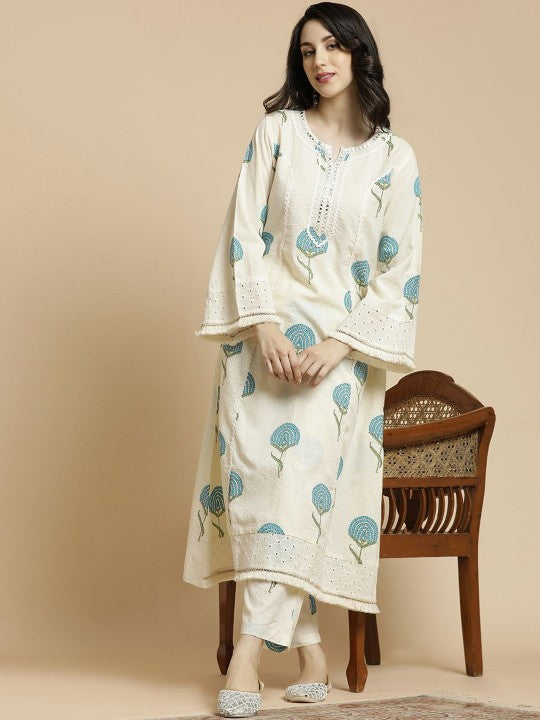 Women's White & Blue Floral Printed Notch Neck Thread Work Cotton A-Line Kurta & Trouser