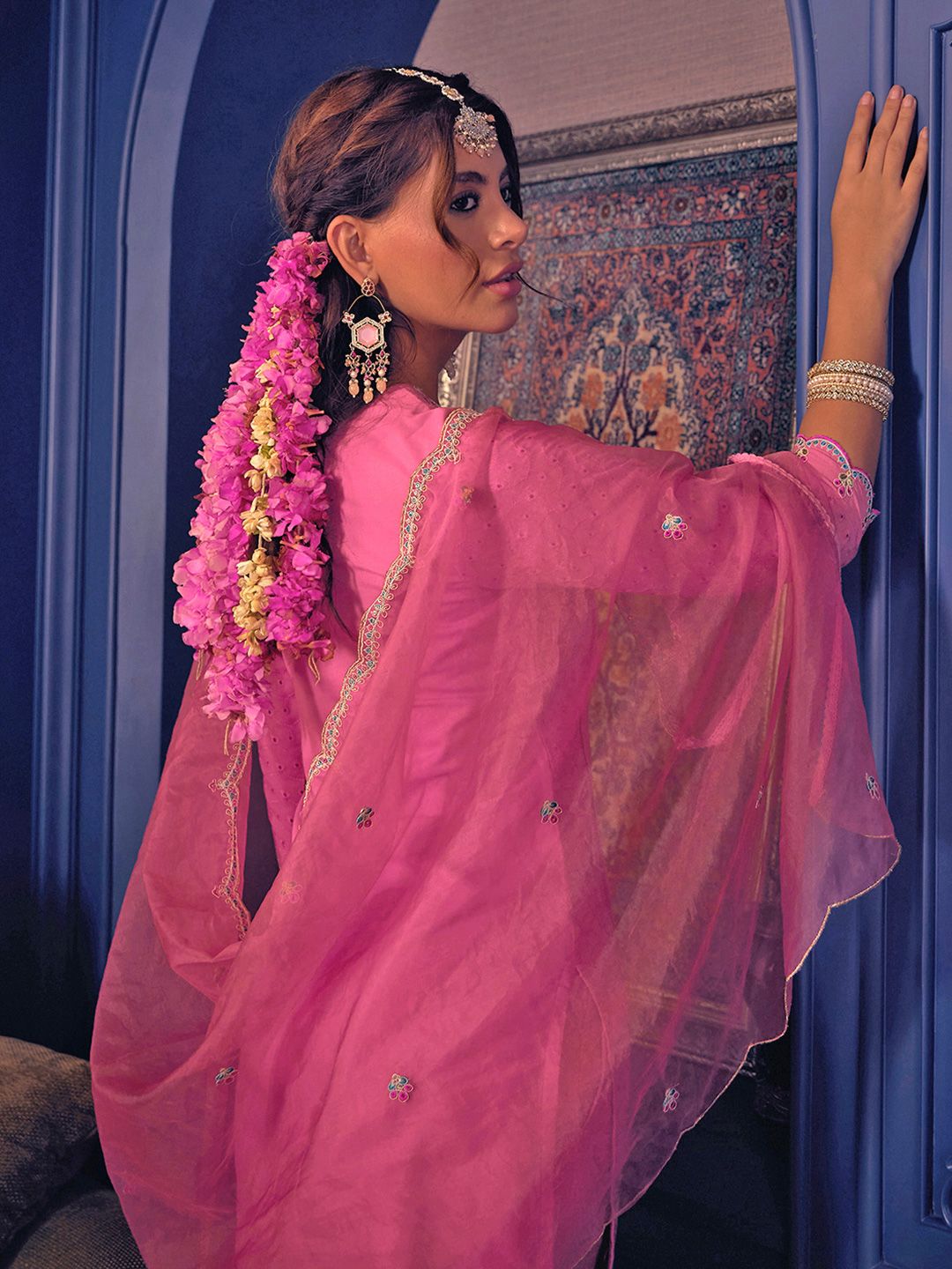 Dhiyona CH Women Floral Embroidered Sequinned Kurta with Trousers & Dupatta