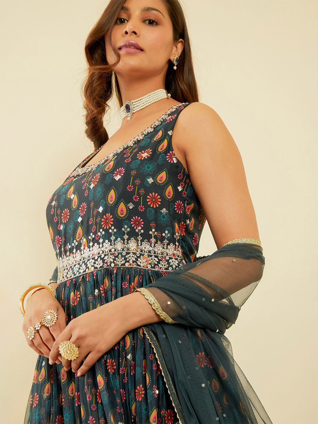 Dhiyona SO Women's Ethnic Motifs Printed Pleated Sequinned Kurta & Churidar With Dupatta