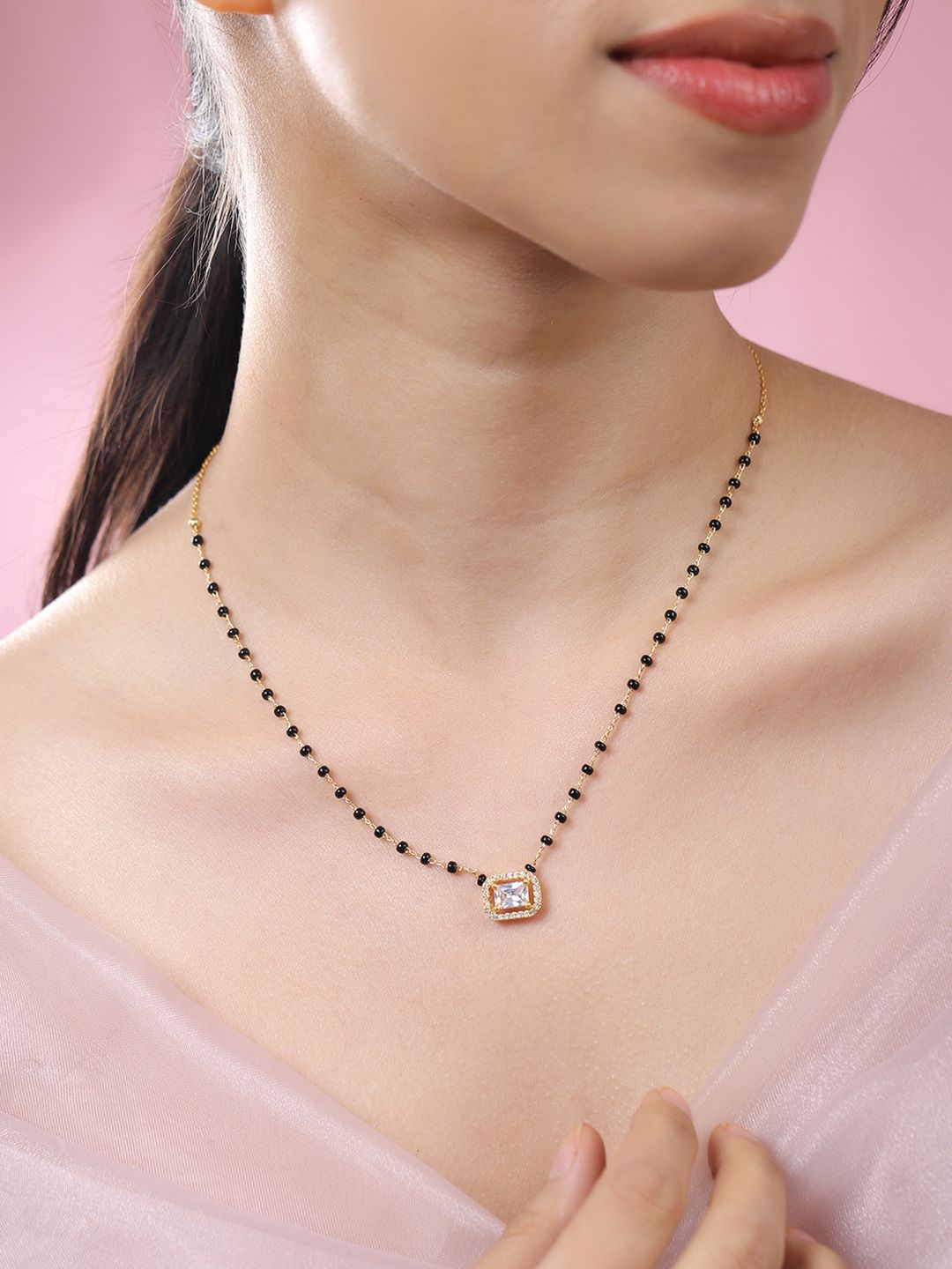 Dhiyona RJ Women's 22K Gold-Plated and Black Beaded with White Cubic Zirconia Studded Mangalsutra