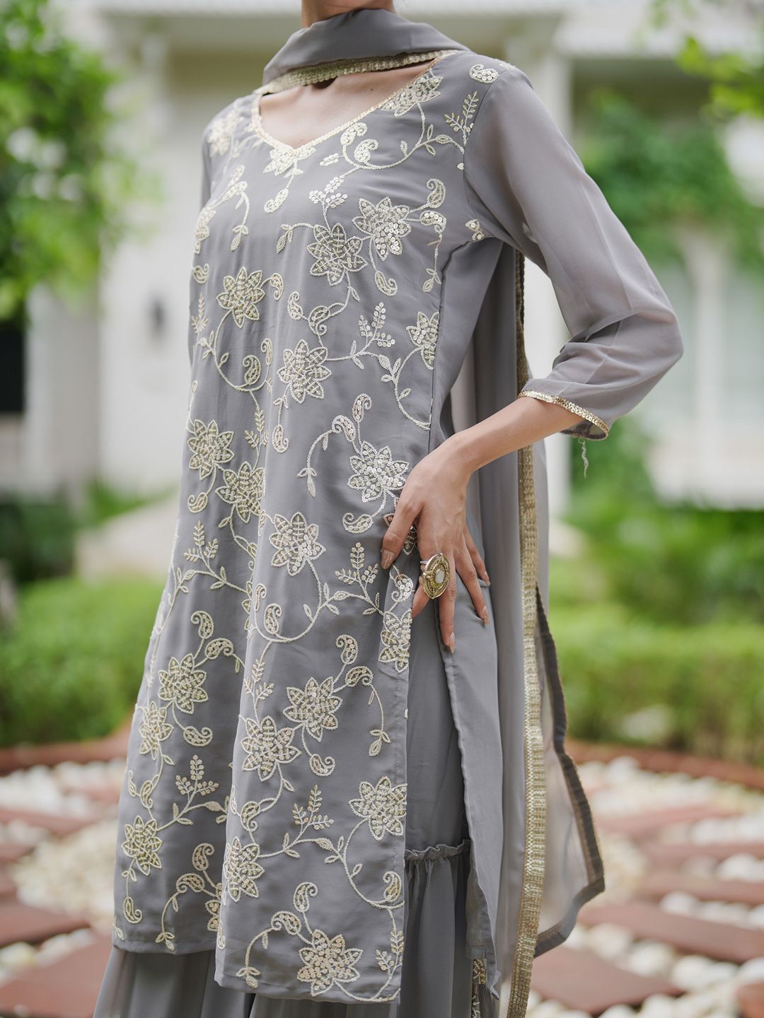 Dhiyona IE Floral Embroidered Kurta With Sharara & Dupatta