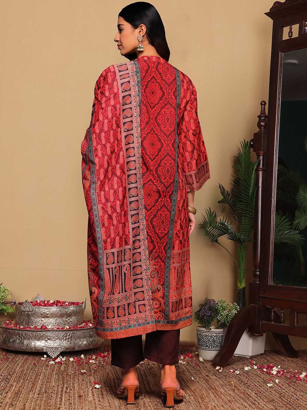 Dhiyona VA Women'sRust Paisley Printed Mandarin Collar Straight Kurta With Trousers & Dupatta
