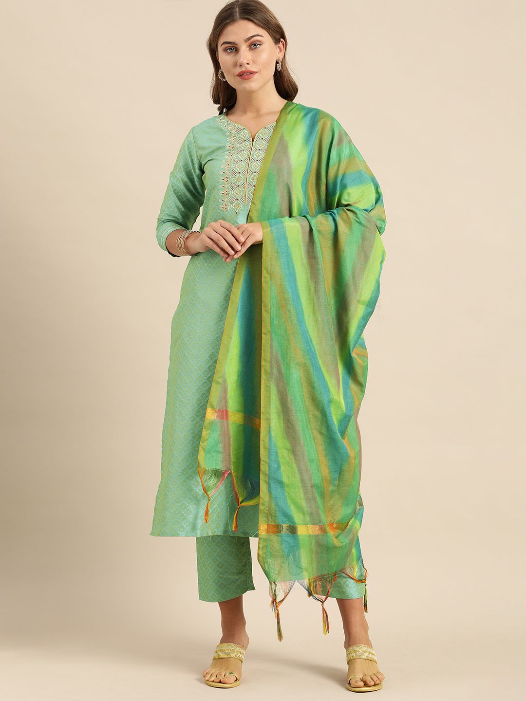 Dhiyona VA Women's Sea Green & Gold-Toned Embroidered Kurta with Trousers & Dupatta