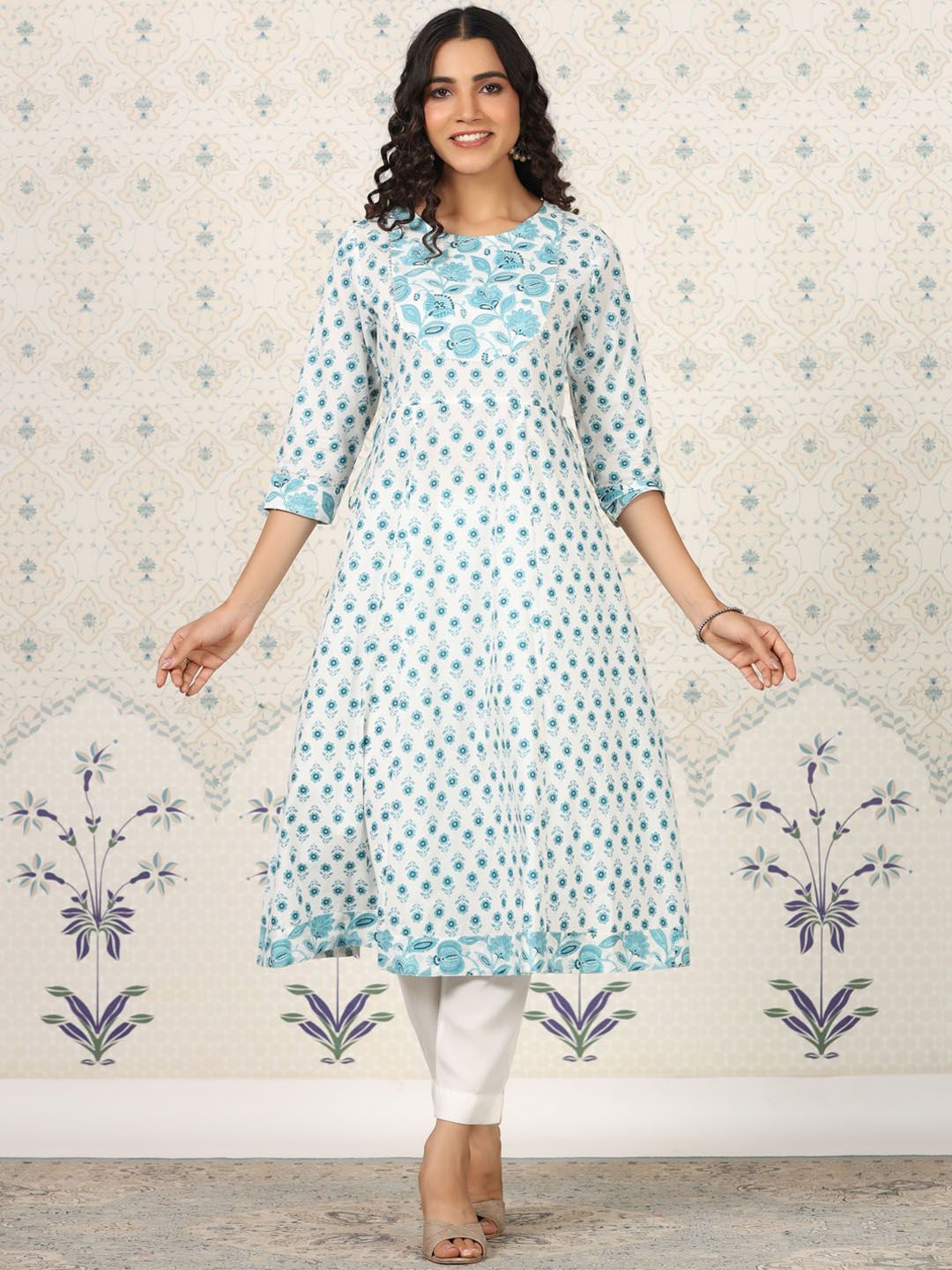 Dhiyona OD Floral Printed Gotta Patti Pure Cotton A-Line Kurta