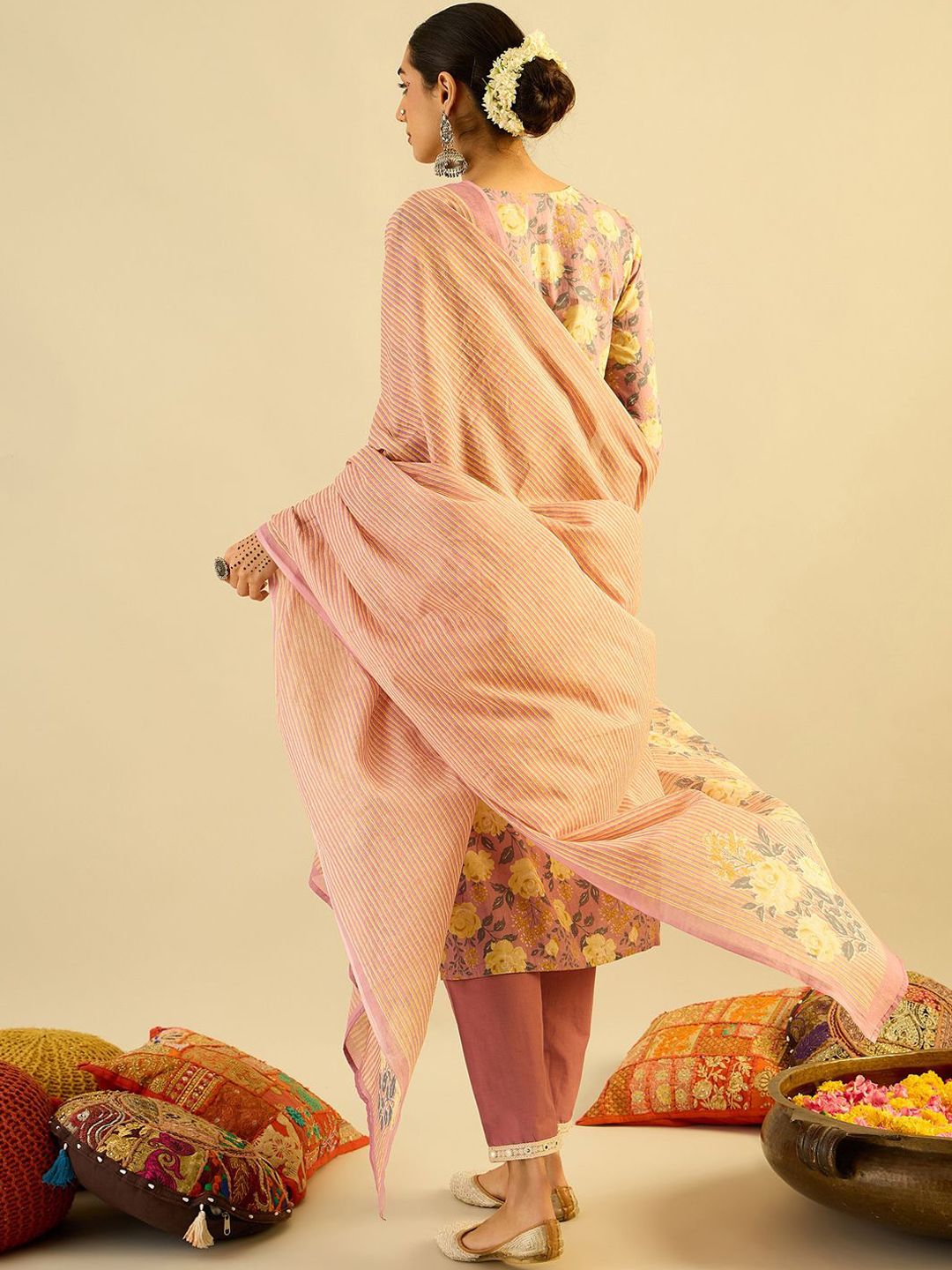 Dhiyona IE Floral Printed Pure Cotton Kurta With Trousers & Dupatta