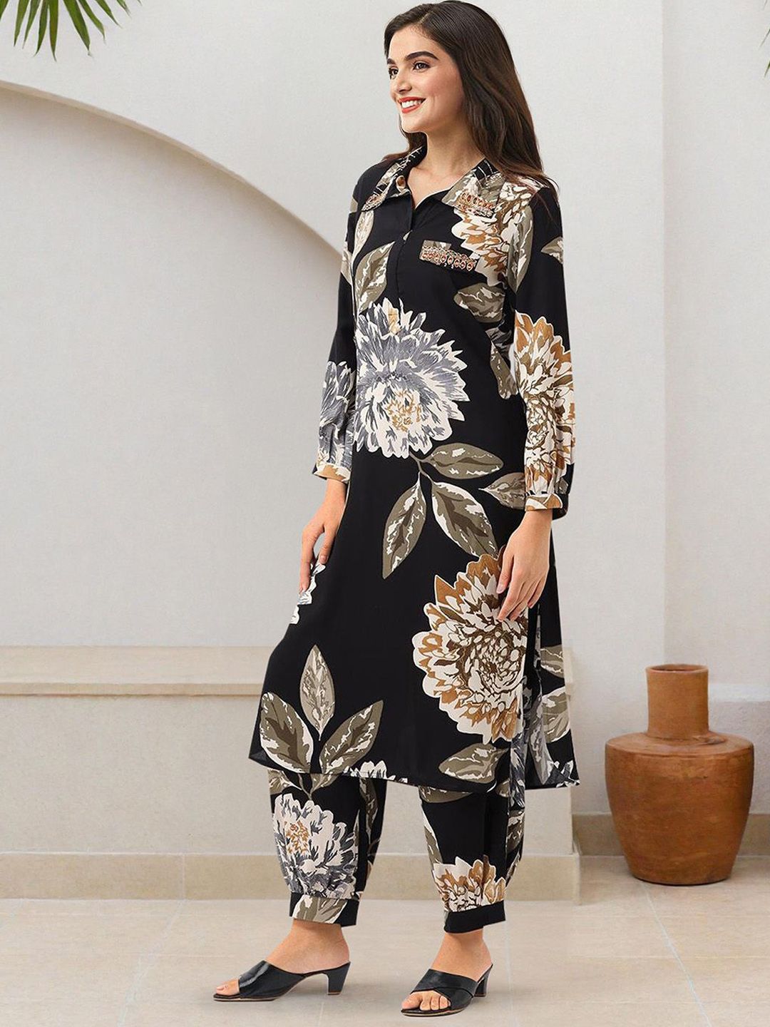 Dhiyona IS Women's Floral Printed Shirt Collar Straight Kurta With Salwar