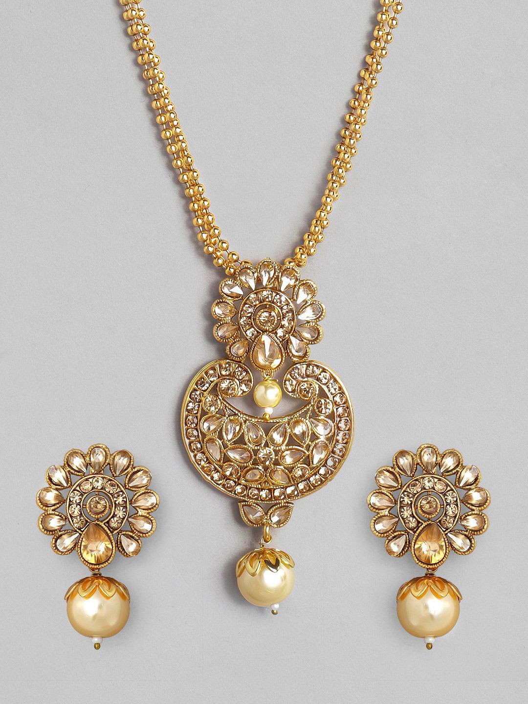 Dhiyona RJ Women's 22K Gold-Plated Kundan Studded Necklace Set with Pearl Drops and Multi-Strand Chain