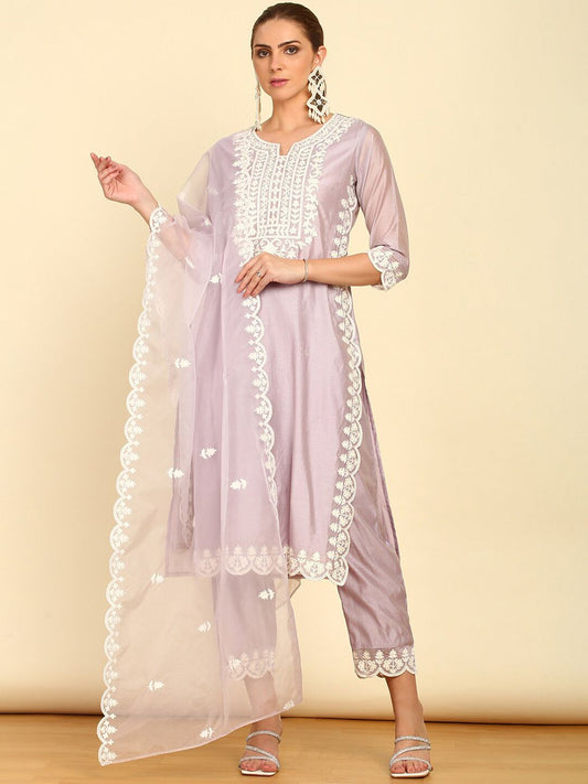 Dhiyona SO Women's Ethnic Motifs Yoke Design Thread Work Kurta with Trousers & Dupatta