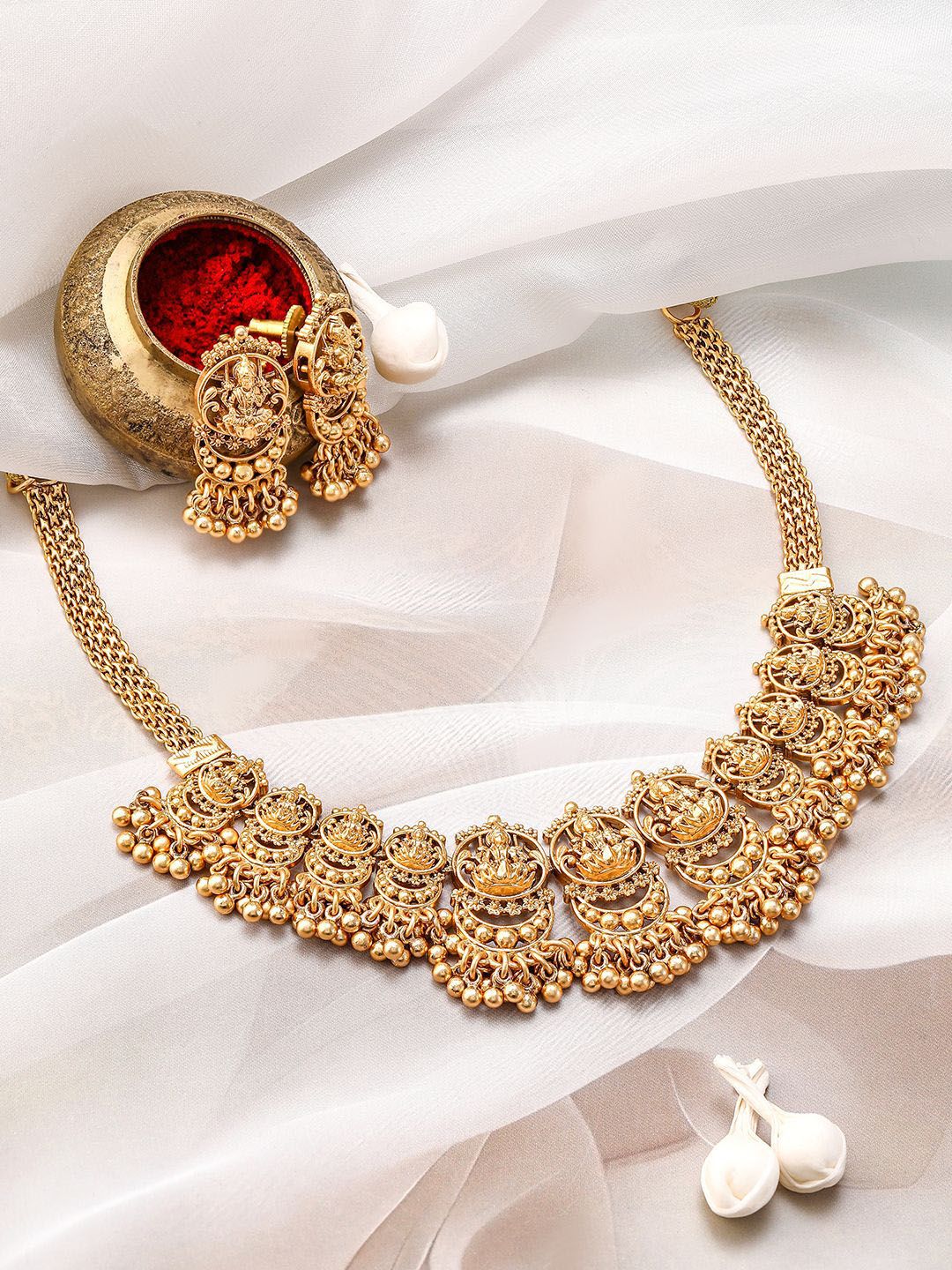 Dhiyona RJ Women's 22K Gold-Plated Divine Lakshmi Motif Temple Jewellery Set with Intricate Detailing