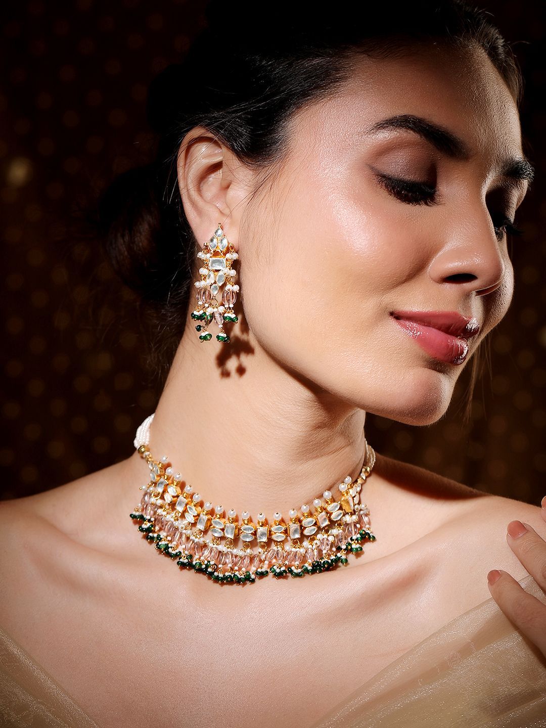 Dhiyona RJ Women's 24K Gold-Plated Pachi Kundan Choker Set with Light Gold Beads & Green Accents