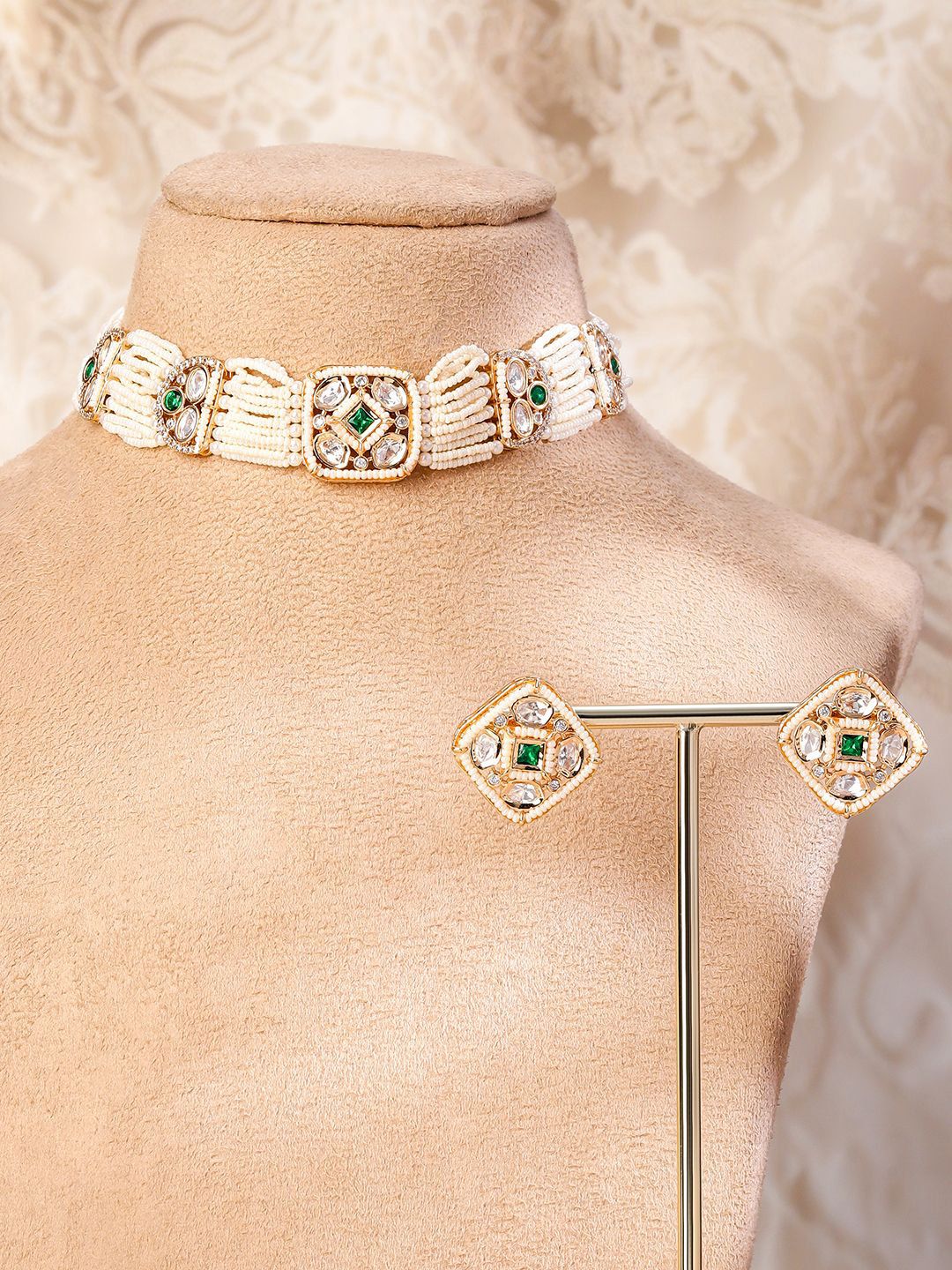 Dhiyona RJ Women's 22K Gold-Plated Polki & Emerald Cubic Zirconia Studed White Pearl Beaded Choker Set