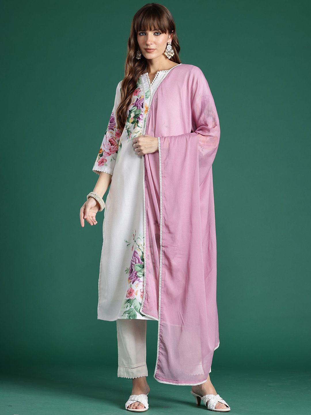 Dhiyona IE Floral Printed Straight Beads and Stones Linen Kurta With Trousers And Dupatta