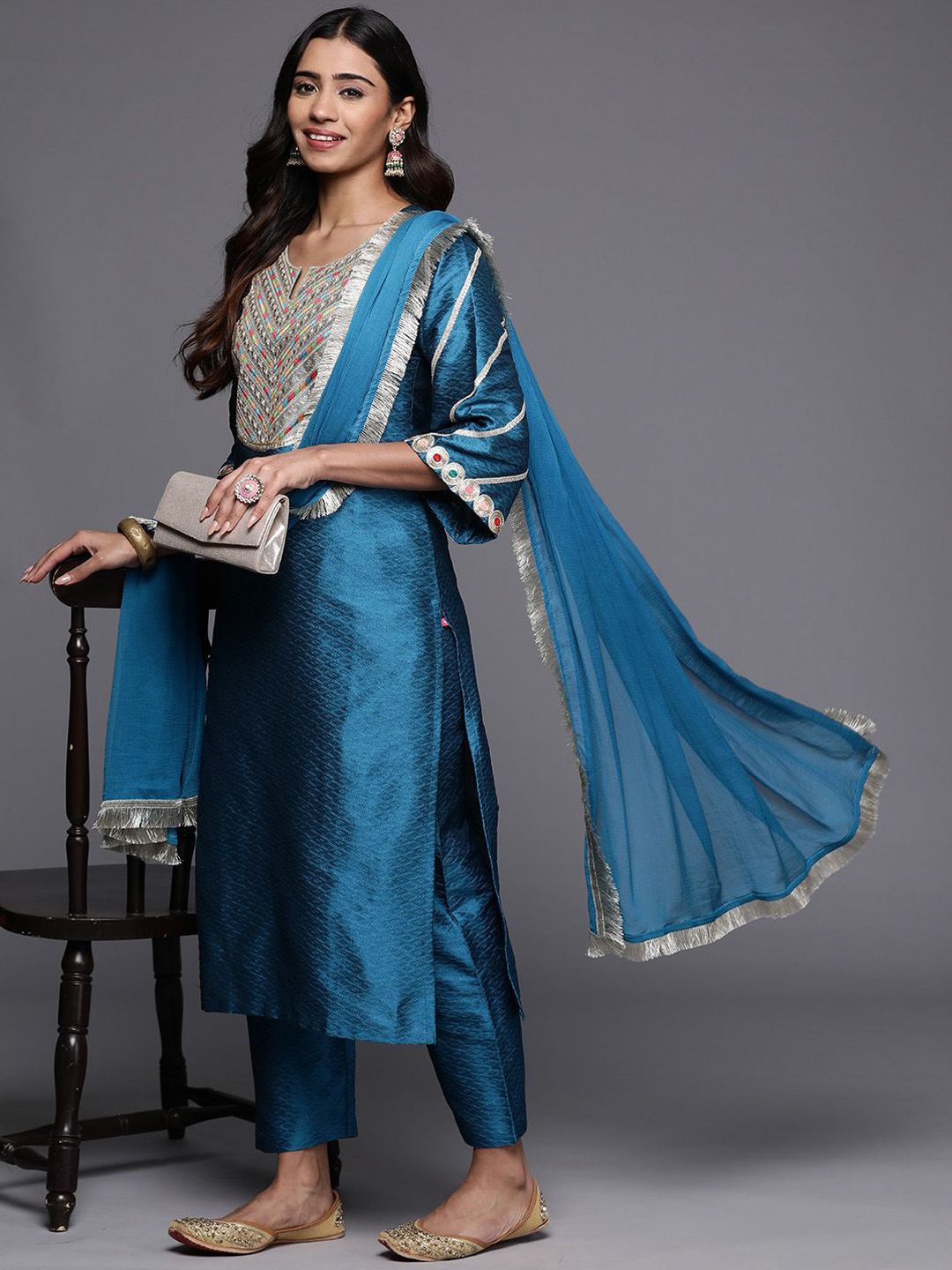 Dhiyona VA Women'sWoven Design Notch Neck Thread Work Straight Kurta With Trousers & Dupatta